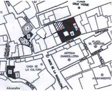 Localización de las industrias medievales: Molino de San Andrés (1), Casa del Peso del la Harina (2), Tenerías de Santa Isabel (5), Molino de Santaolalla (3), Casa del Tinte (4) y Carnicerías de 1568 (6).